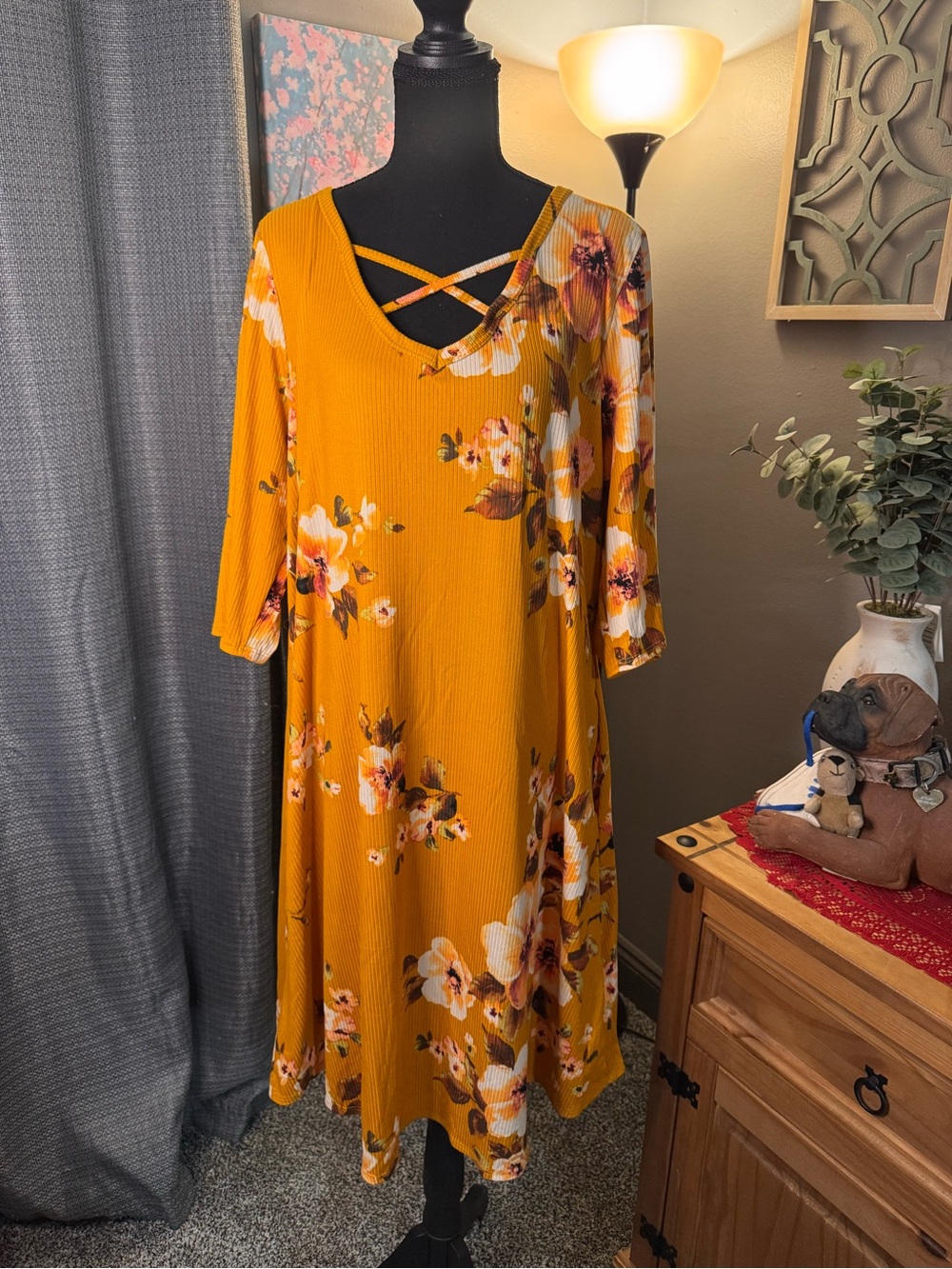 Mustard Floral V-Neck Midi Dress with Crisscross Detail